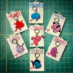 Set of Seven "I Heart Guts" Anatomy Keychains Bag Charms Fun Gifts Science Geek